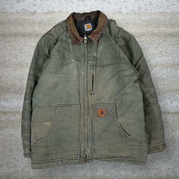 Vintage Carhartt Jacket Green Cotton Canvas Sherpa Lined Full Zip 90s